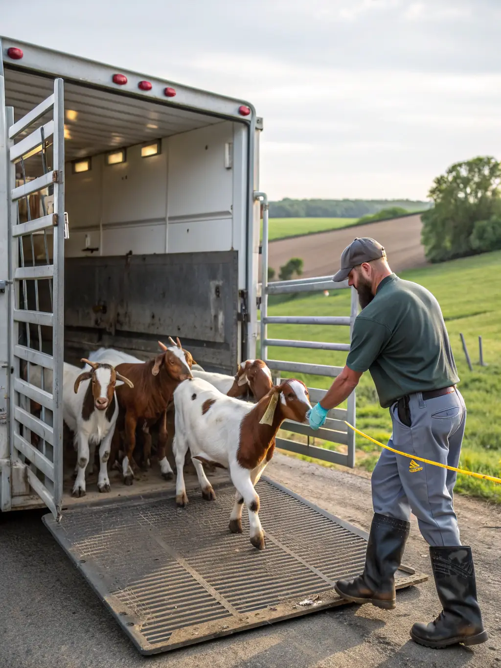 A heartwarming image of goats being carefully guided into a transport vehicle, highlighting the personalized attention given to each animal during relocation.