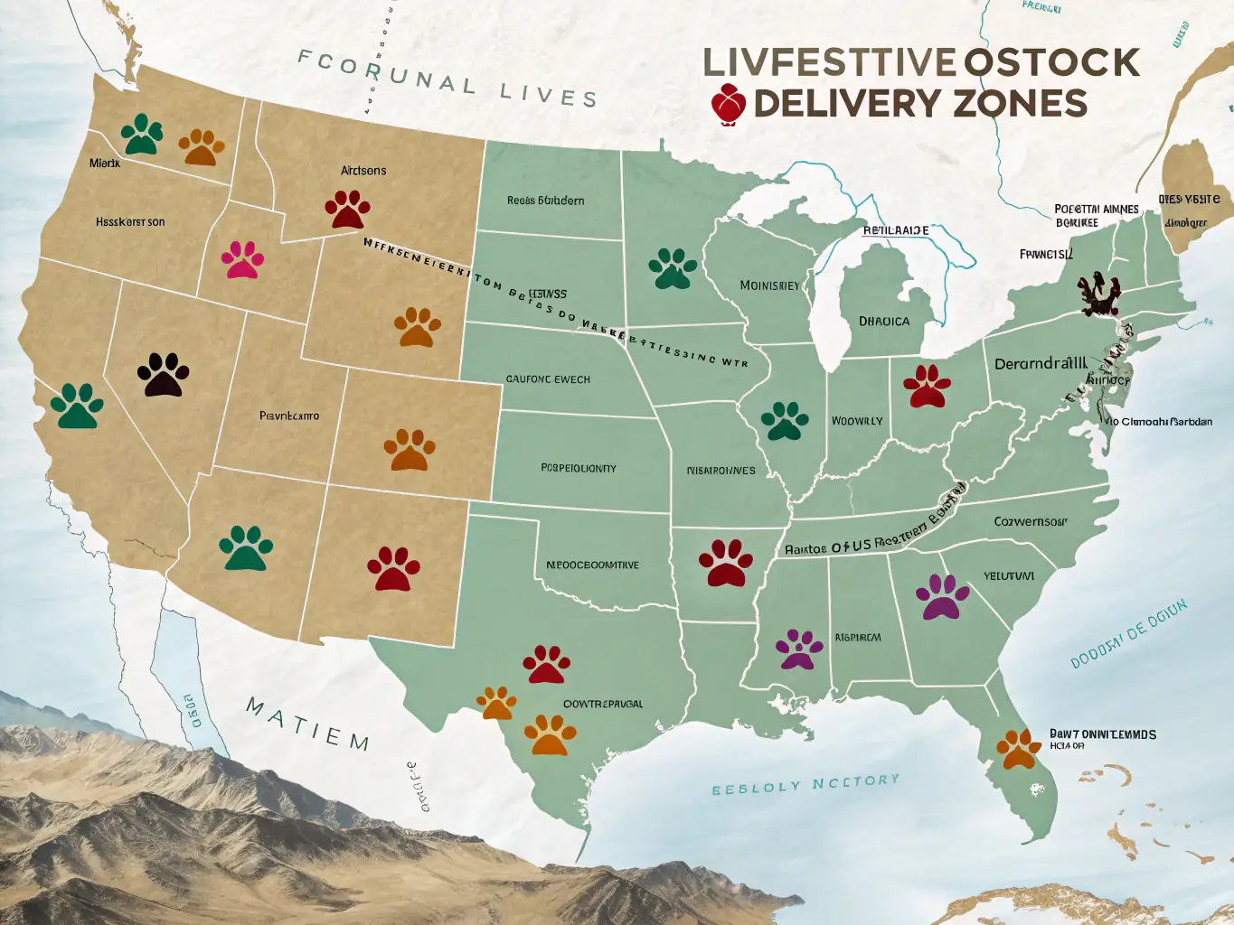 A detailed map of the United States, highlighting major cities and indicating Swift Livestock Delivery's service areas with paw print icons.