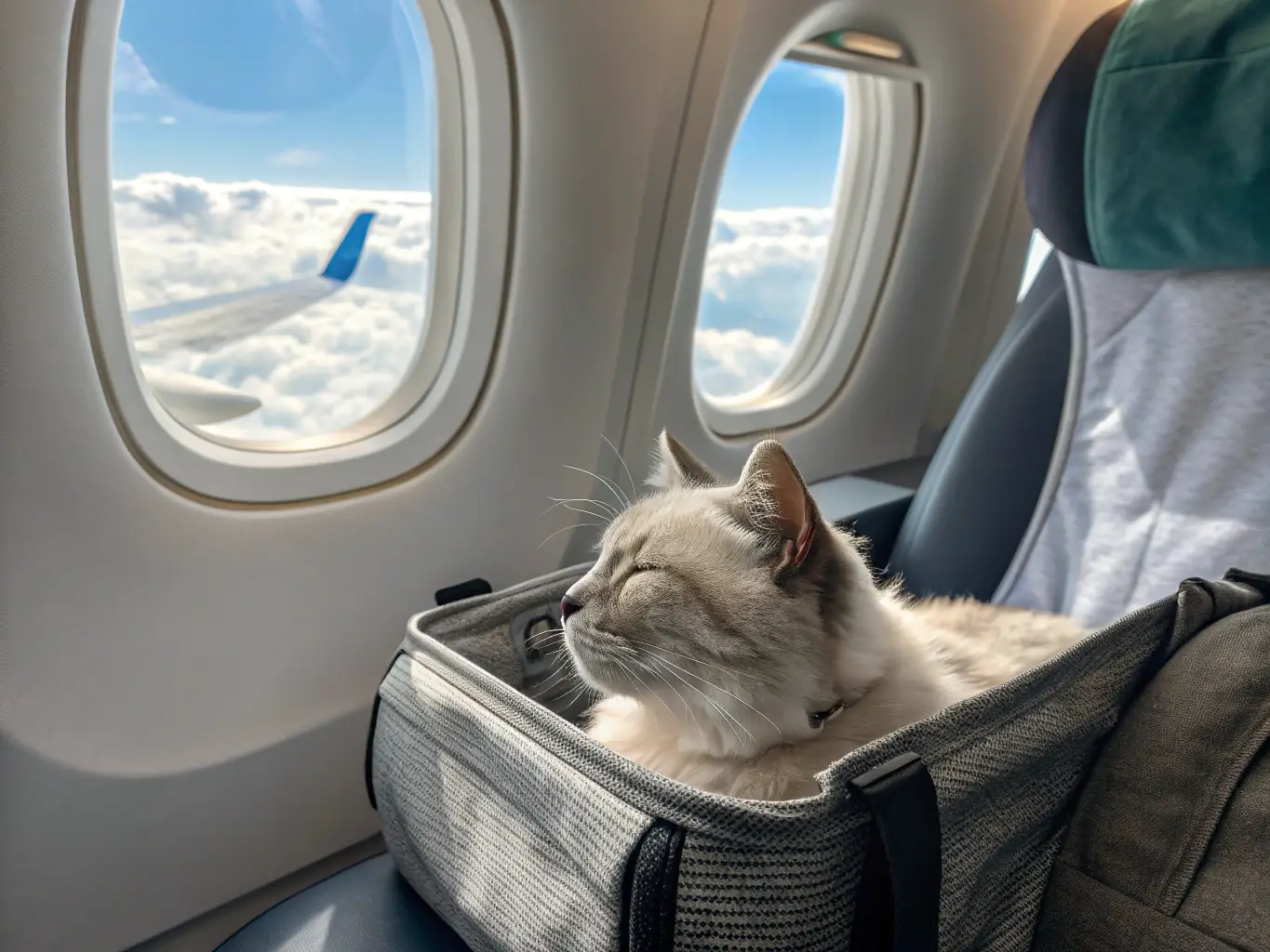 A serene image of a tabby cat resting comfortably in a carrier during transport, with soft lighting and a calm environment.