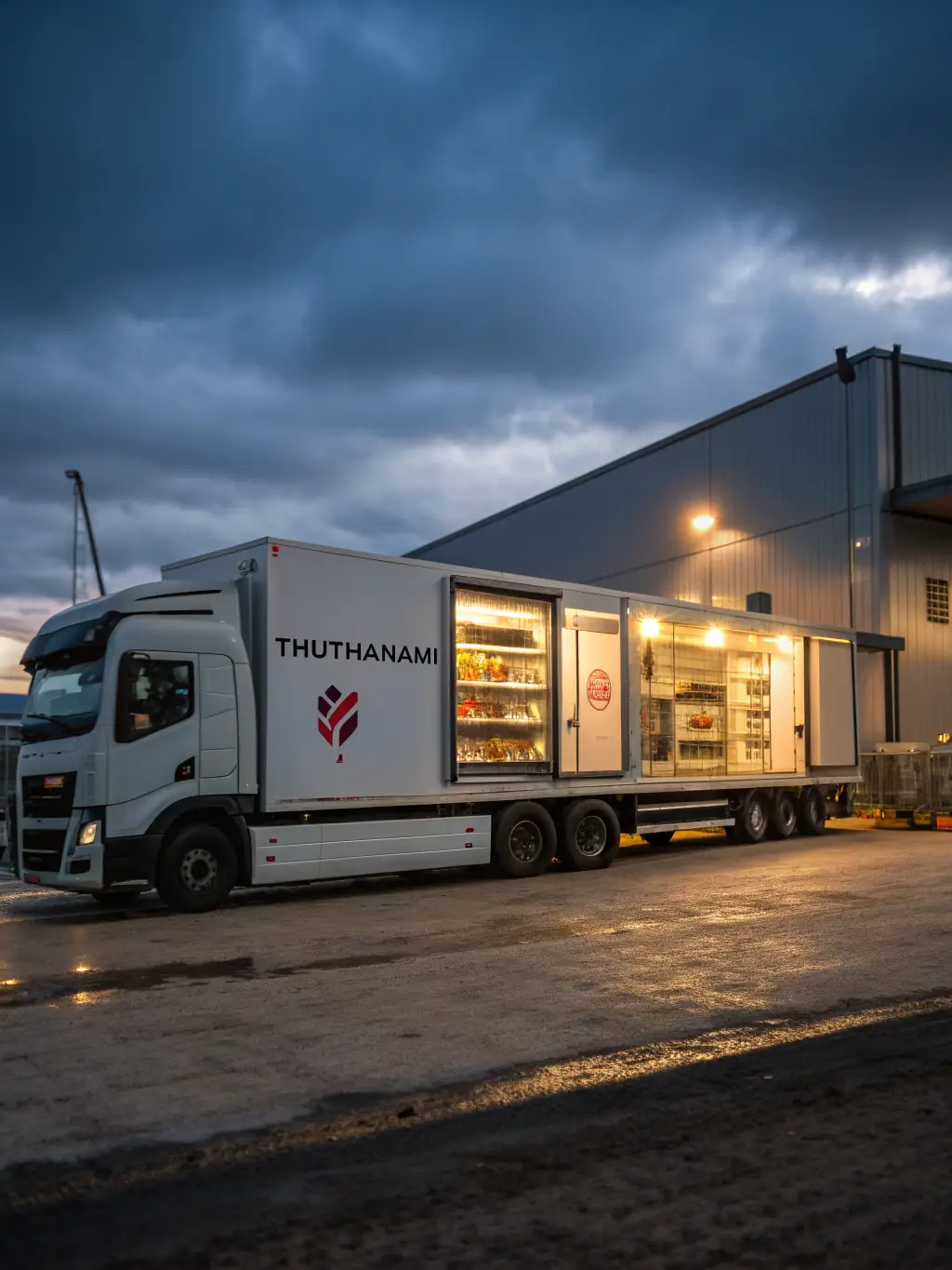 A wide shot of a modern, climate-controlled livestock transport truck, emphasizing the advanced technology used to ensure animal comfort during long-distance relocation.