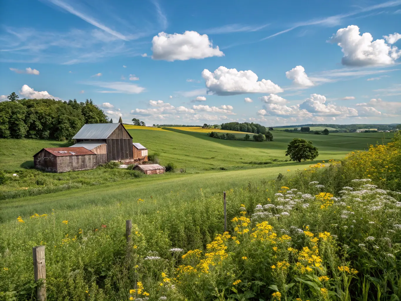 A serene image of the Canadian landscape, with a focus on a farm setting, representing Swift Livestock Delivery's services in Canada.
