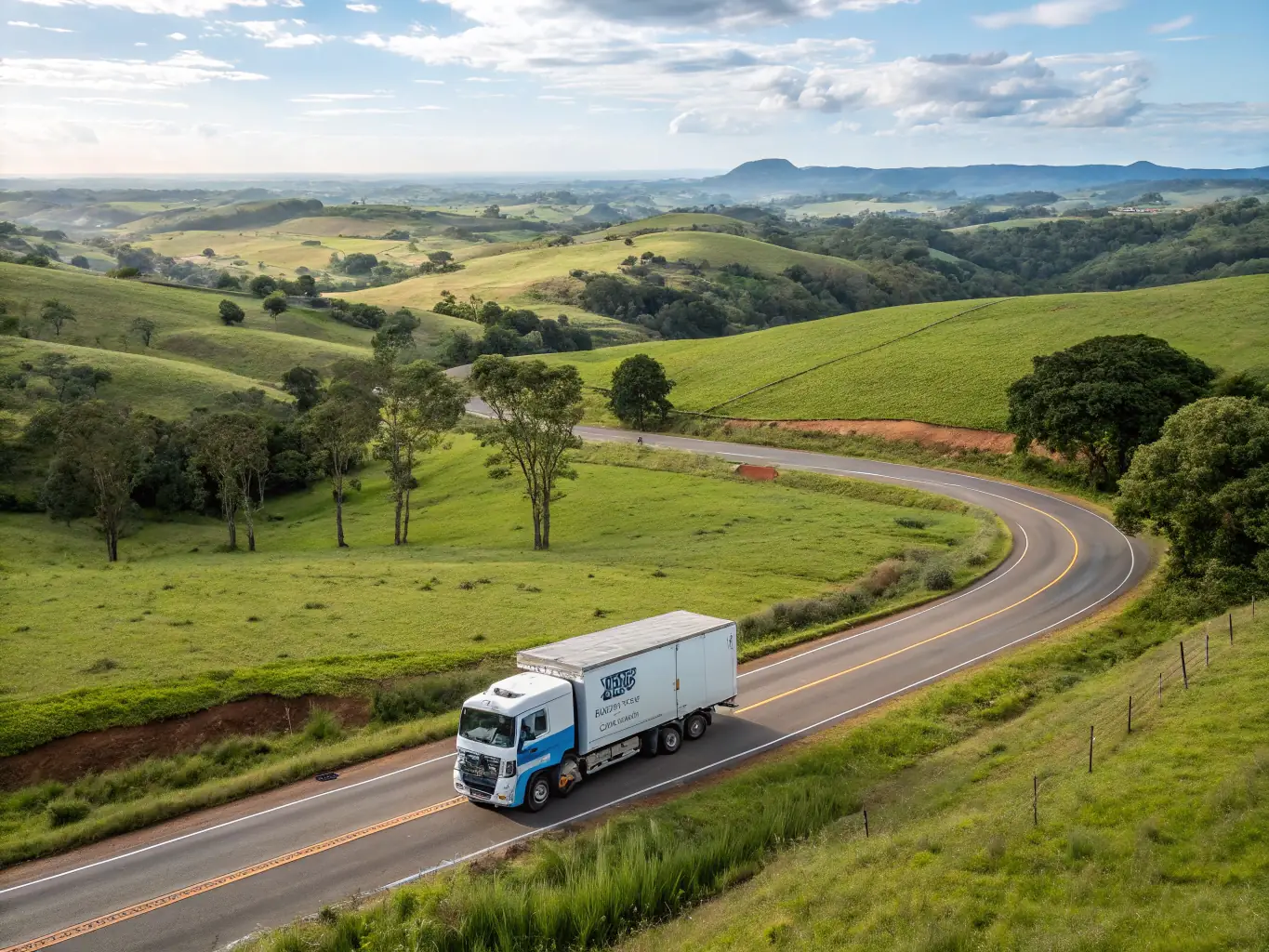 A picturesque scene of the European countryside, with a Swift Livestock Delivery van driving through, symbolizing the company's presence in Europe.
