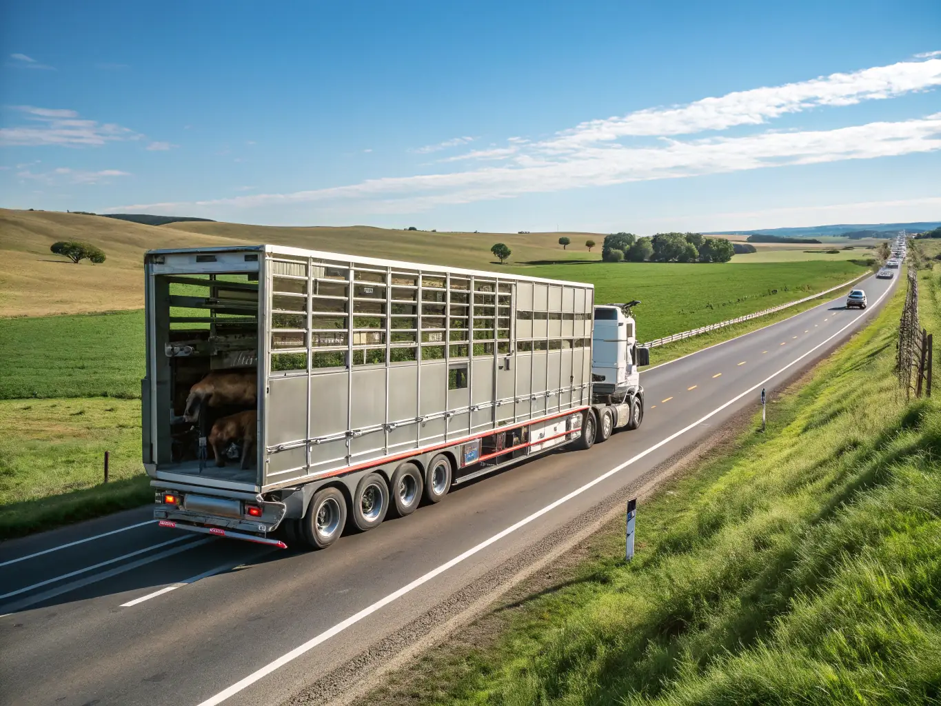 A modern, climate-controlled truck designed for animal transport, showcasing individual compartments for different animals and a caring handler checking on them.