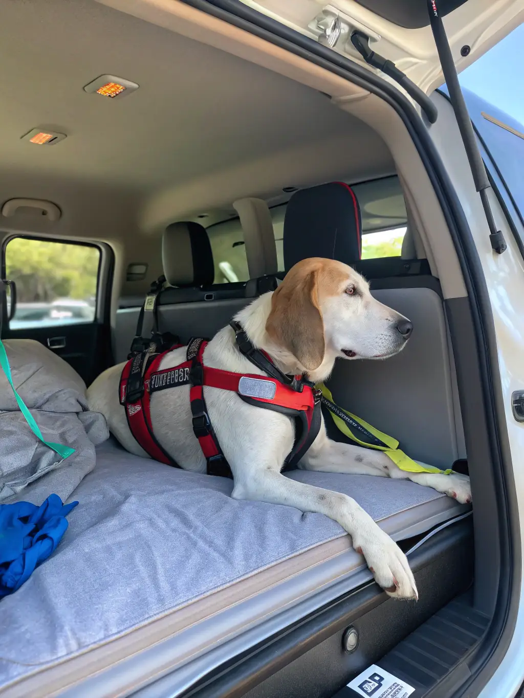 A professional photograph of a well-cared-for Golden Retriever in a comfortable travel crate, inside a climate-controlled transport vehicle, emphasizing the safety and comfort provided during dog transportation services by Swift Livestock Delivery.