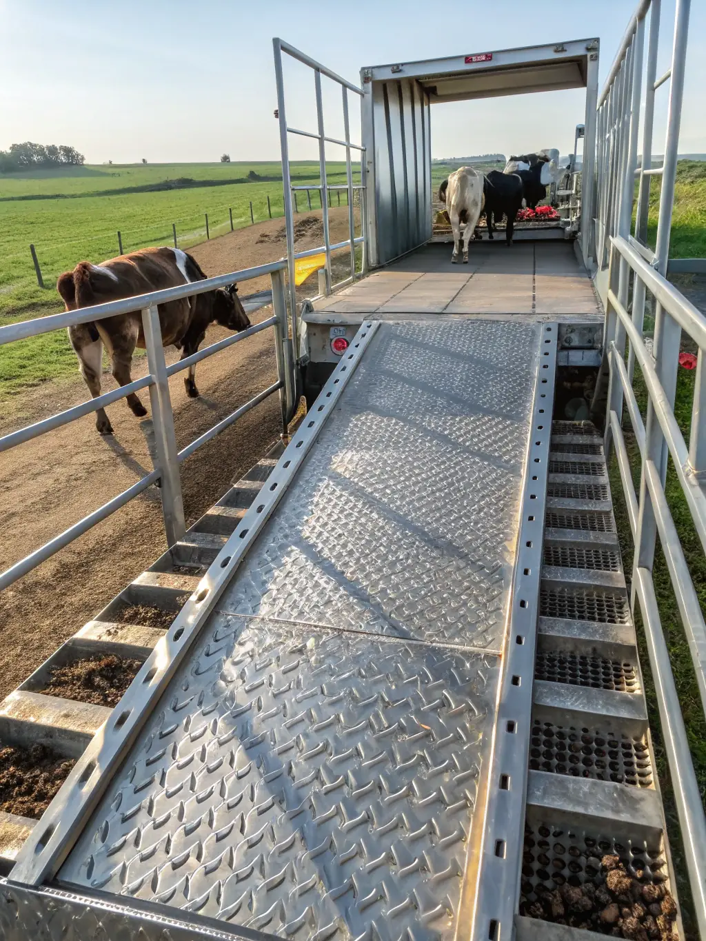 A serene image of healthy cattle being gently loaded into a specialized livestock trailer, showcasing Swift Livestock Delivery's expertise in cattle relocation services for farms across the USA.